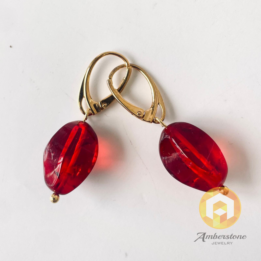Red Amber Earrings with Gold-plated 925 Silver