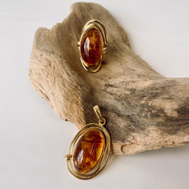 Cognac Baltic Amber, Gold-plated 925 Silver Set