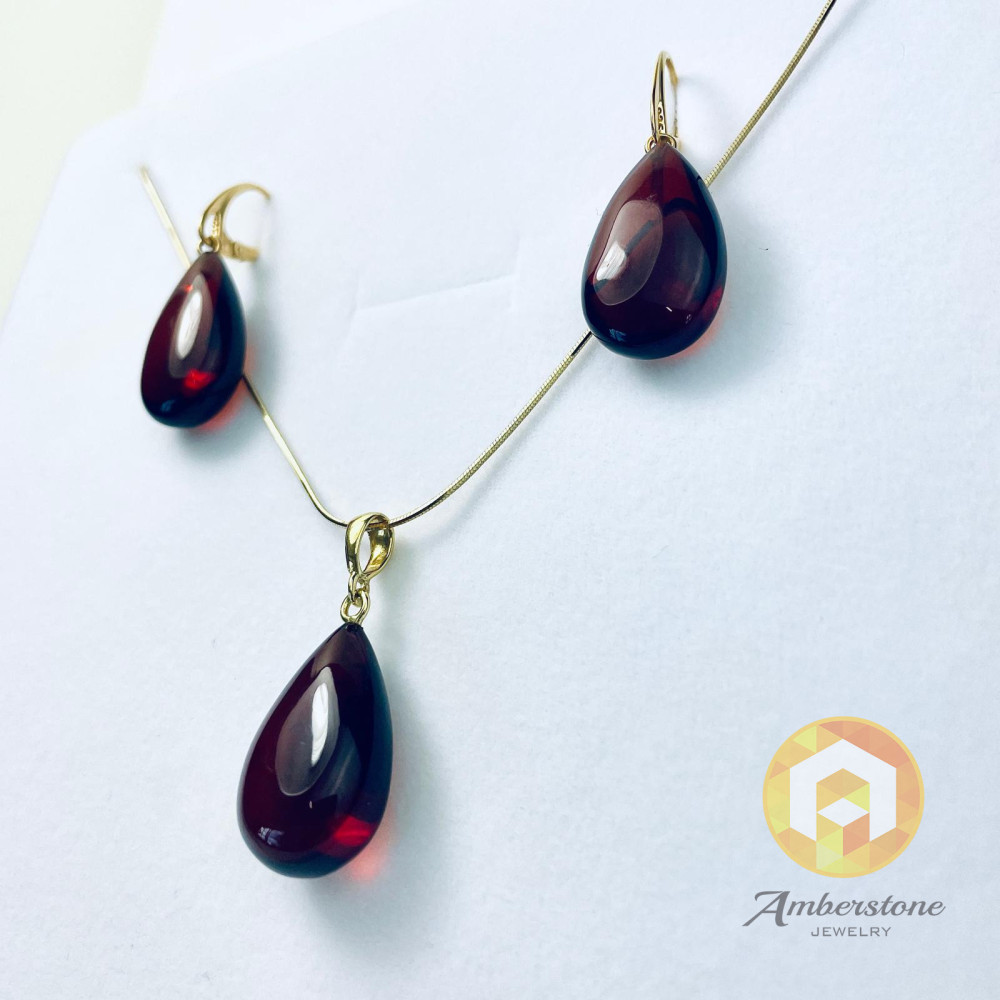 Amber and Gold-plated 925 Silver Earrings and Pendant, Set