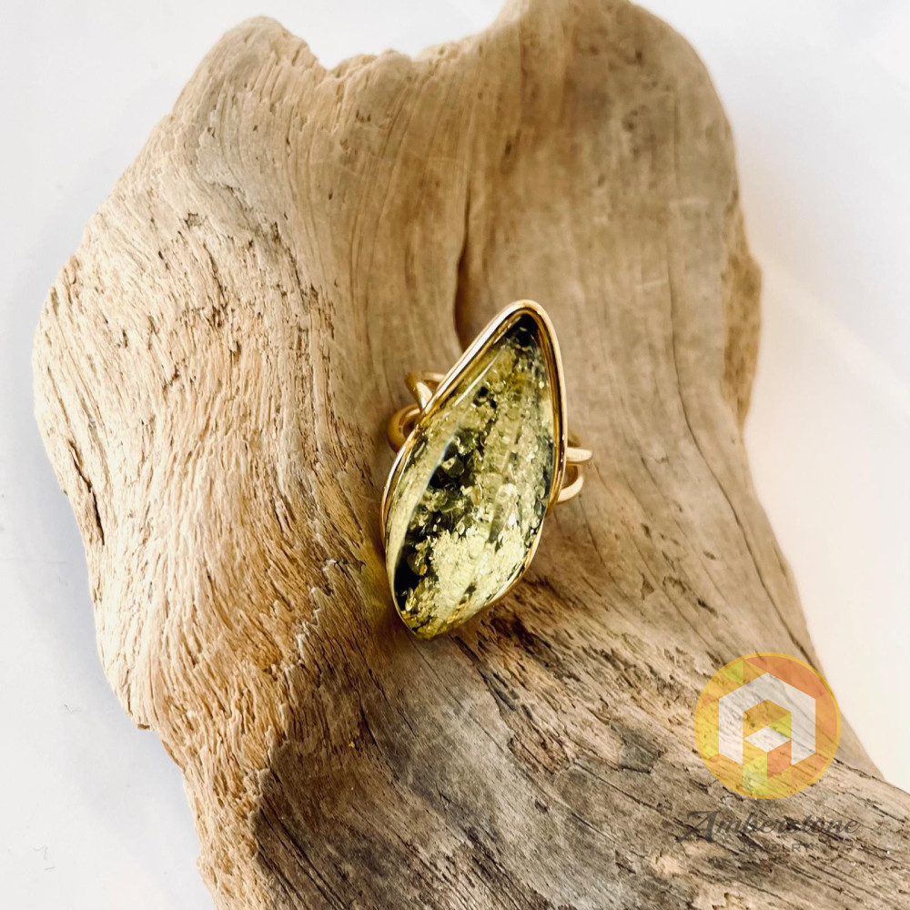 Green Natural Baltic Amber Ring with Gold-plated 925 Silver