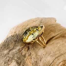 Green Natural Baltic Amber Ring with Gold-plated 925 Silver
