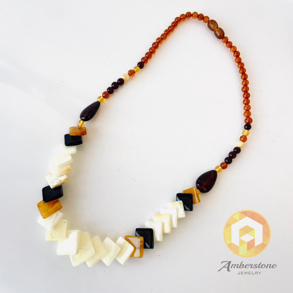 White Baltic Amber Necklace Square Beads, Natural Amber, Multicolored Baltic Amber Necklace