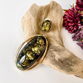 Big Oval Green Amber Pendant in Gold-Plated Setting