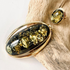 Big Oval Green Amber Pendant in Gold-Plated Setting