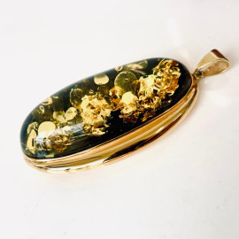 Big Oval Green Amber Pendant in Gold-Plated Setting