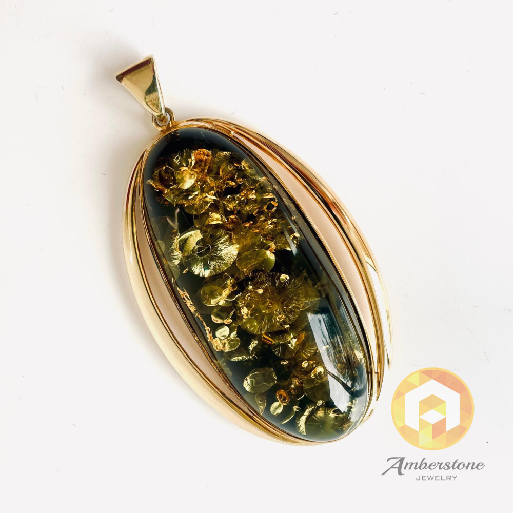 Big Oval Green Amber Pendant in Gold-Plated Setting