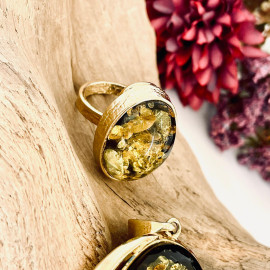 Butterscotch Baltic Amber Ring with Gold-plated 925 Silver Heart Motive Pattern, Natural Egg Yolk Amber, Engagement Gold Ring