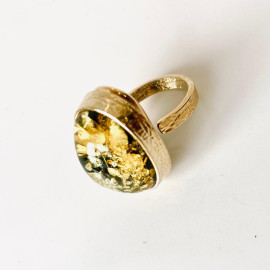 Butterscotch Baltic Amber Ring with Gold-plated 925 Silver Heart Motive Pattern, Natural Egg Yolk Amber, Engagement Gold Ring