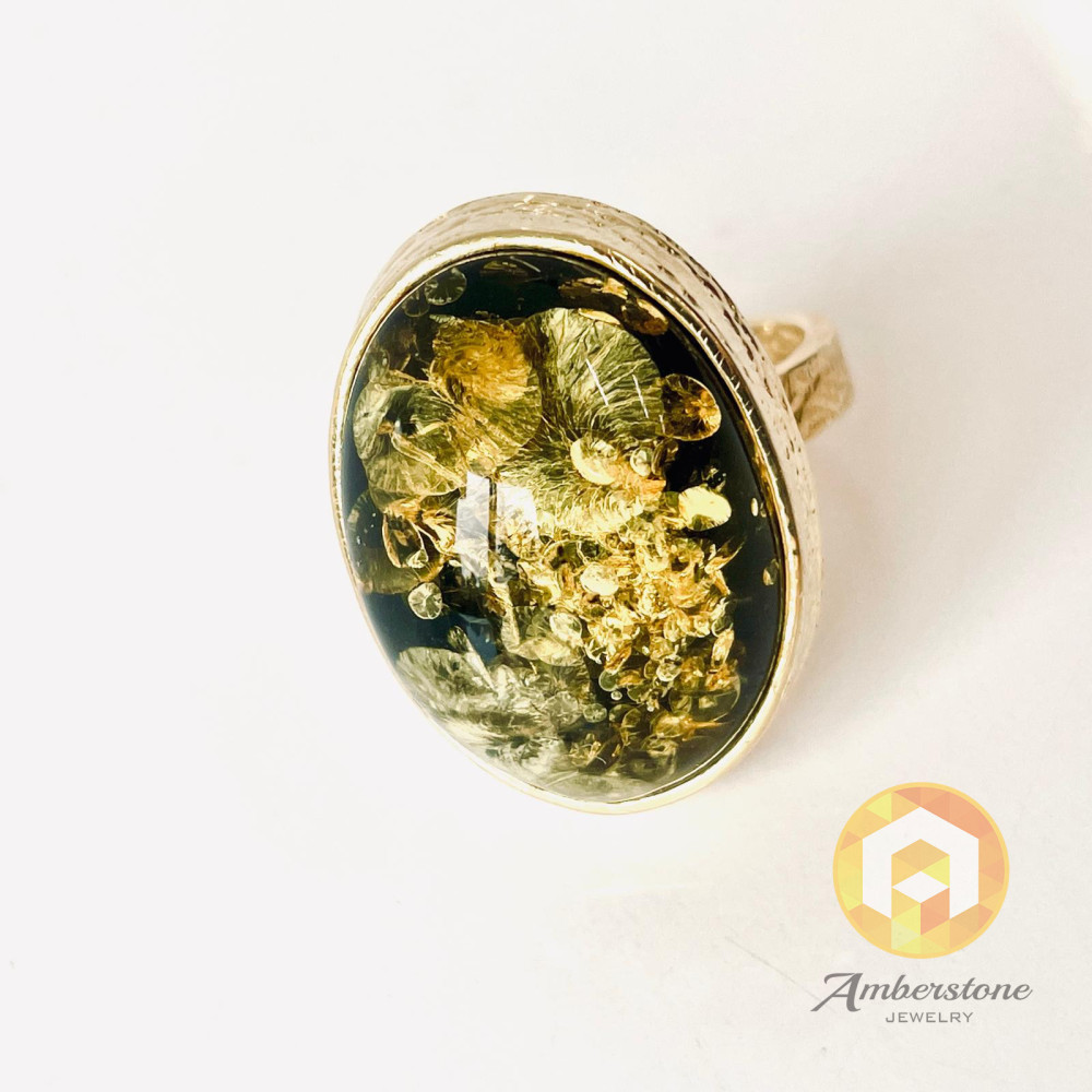 Butterscotch Baltic Amber Ring with Gold-plated 925 Silver Heart Motive Pattern, Natural Egg Yolk Amber, Engagement Gold Ring