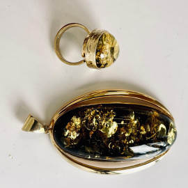 Green Amber Pendant with Inclusions in Gold-Plated Setting – Natural Beauty in a Luxurious Form
