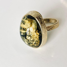 Oval Green Amber Set with Inclusions in Gold-Plated Setting