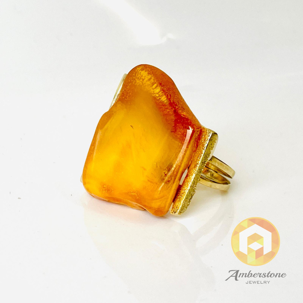 Butterscotch Baltic Amber Ring with Gold-plated 925 Silver Heart Motive Pattern, Natural Egg Yolk Amber, Engagement Gold Ring