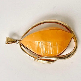 Yellow Baltic Amber Pendant, Big Amber Pendant in Gold Surrounds