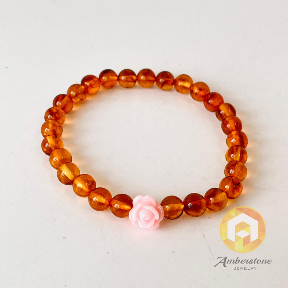 🎥 Natural Cognac Amber, Bracelet Baltic Amber with Flower