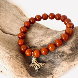 Vintage Brown Amber Bracelet, Natural Amber Beads with Charm Butterfly