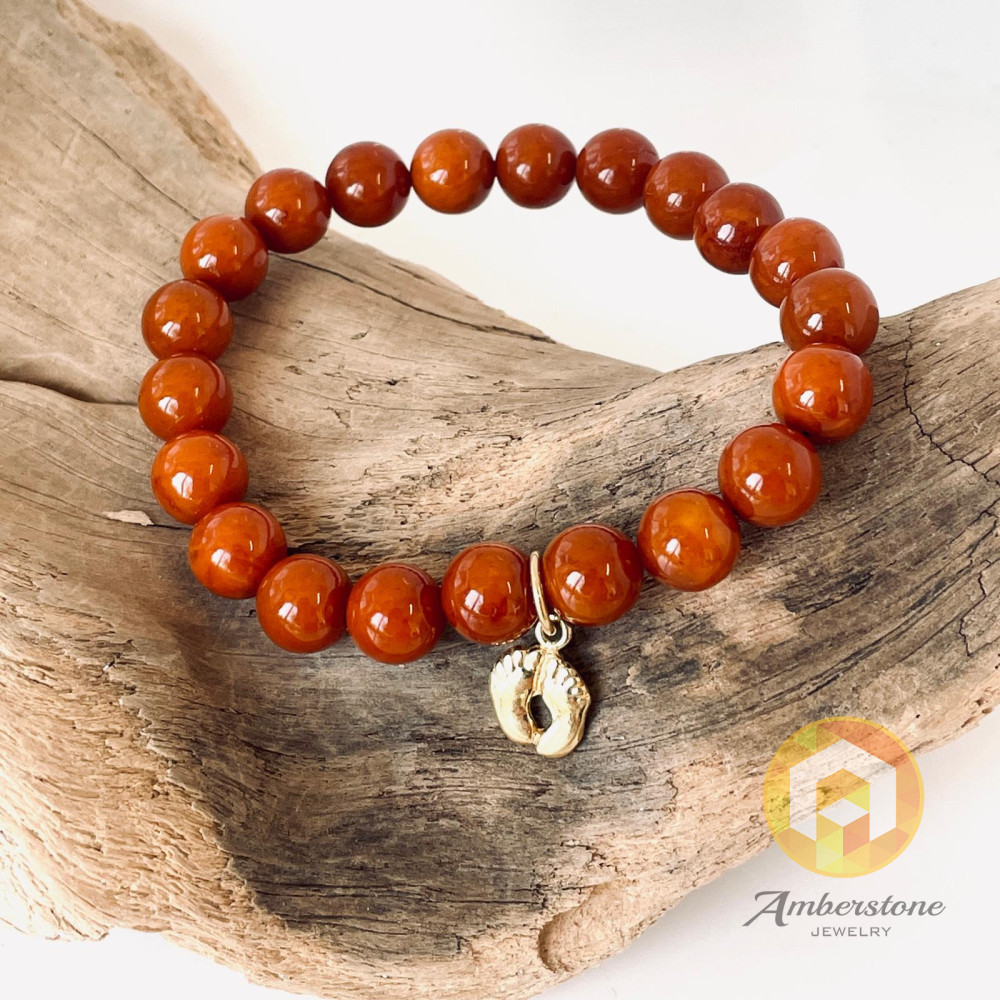Vintage Brown Amber Bracelet, Natural Amber Beads with Charm baby feet