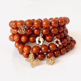 Vintage Brown Amber Bracelet, Natural Amber Beads with Charm Crown