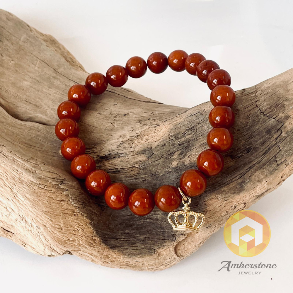 Vintage Brown Amber Bracelet, Natural Amber Beads with Charm Crown