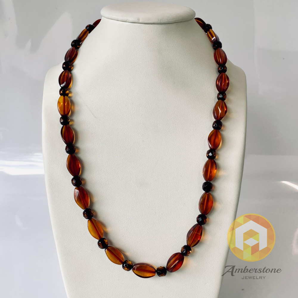 Baltic Amber Beads Necklace Gold Cognac Amber Barrel Beaded Necklace