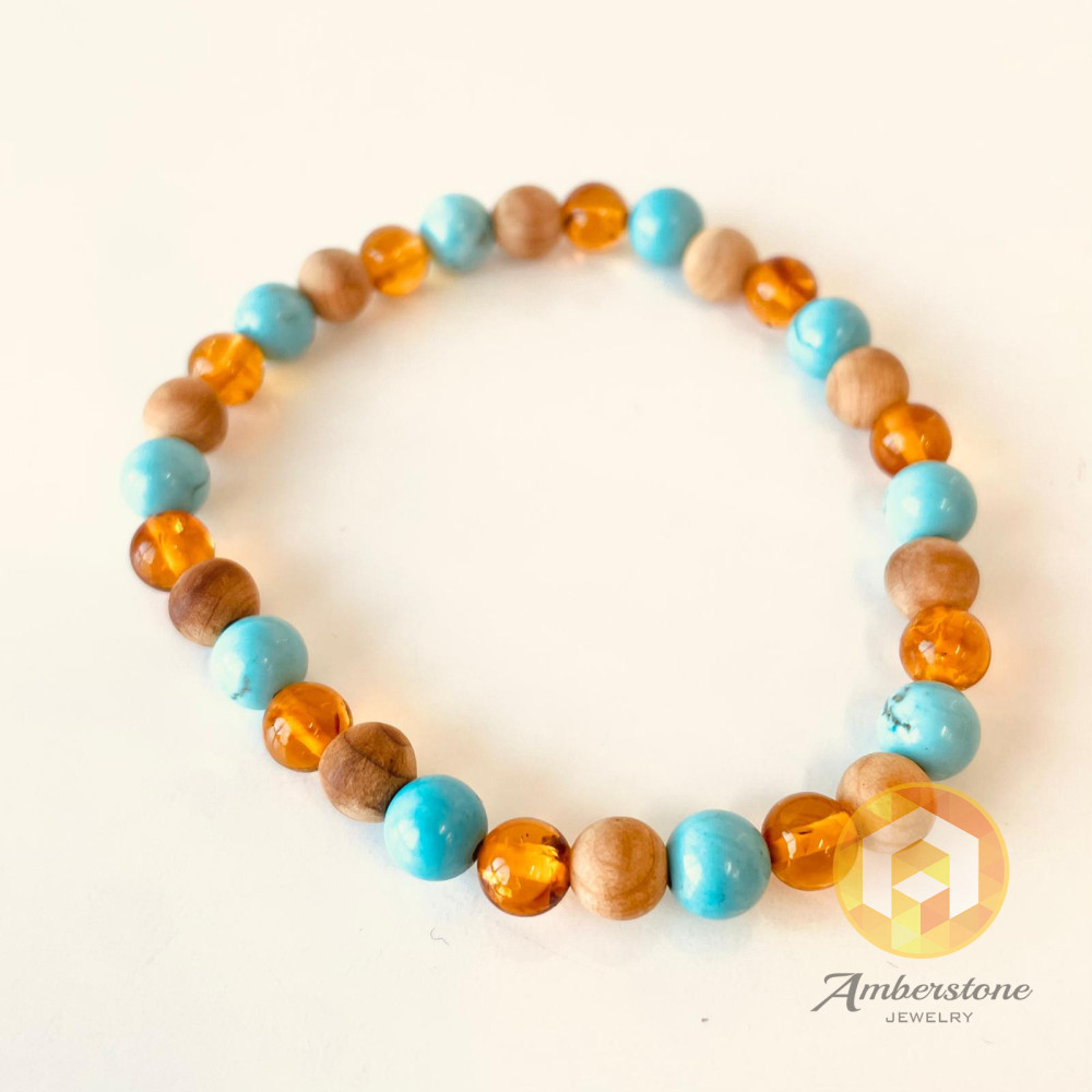 Amber with Turquoise and Wood Beads, Beaded Bracelet