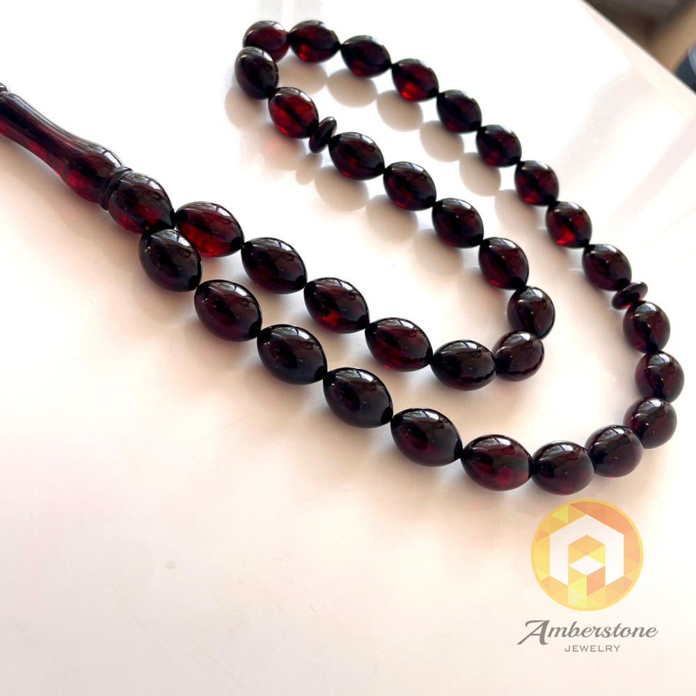 Cherry Baltic Amber Islamic Prayer, Deep Red Amber, Olive Amber Beads