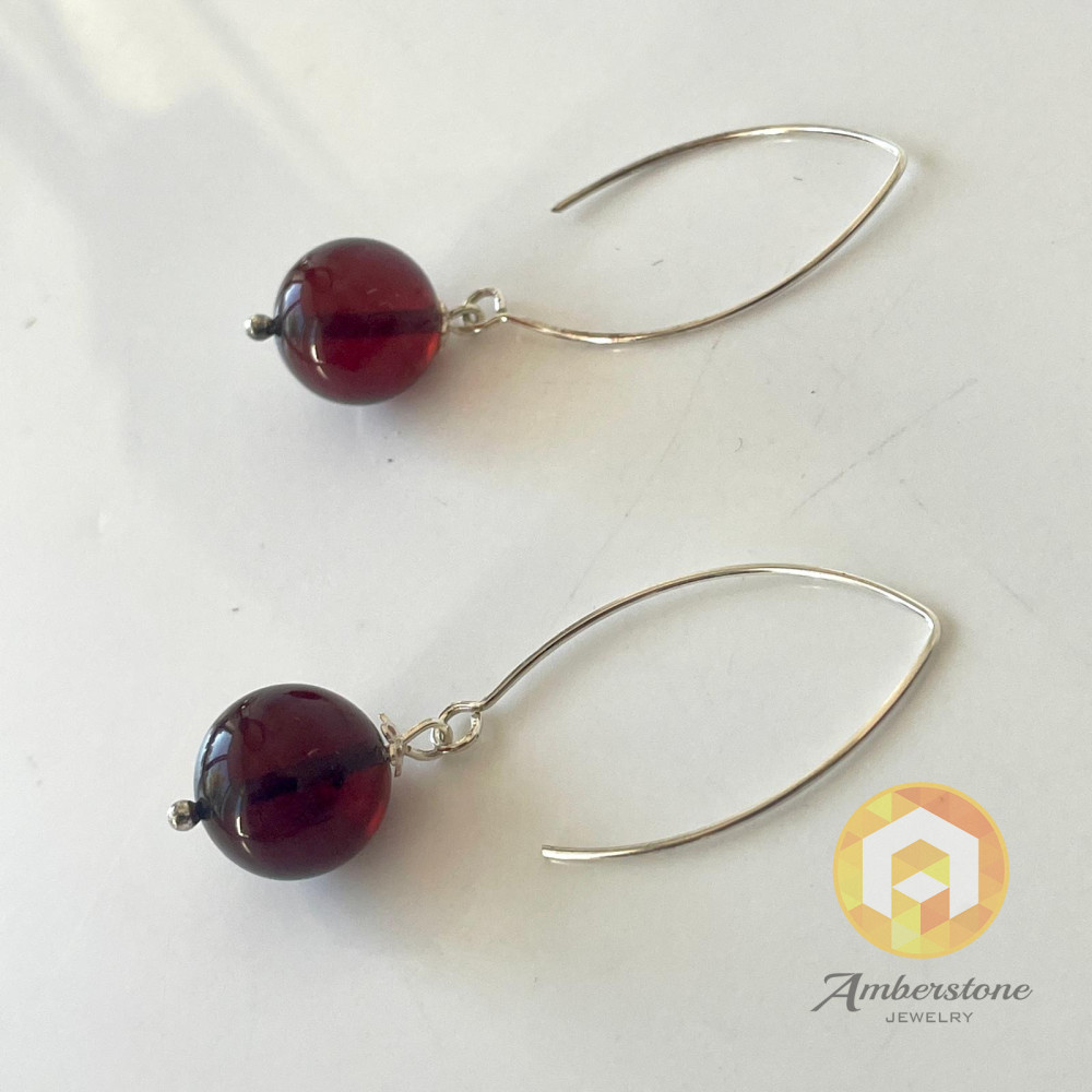 Cherry Amber Earrings and 925 Silver, V Shape Earring Hooks