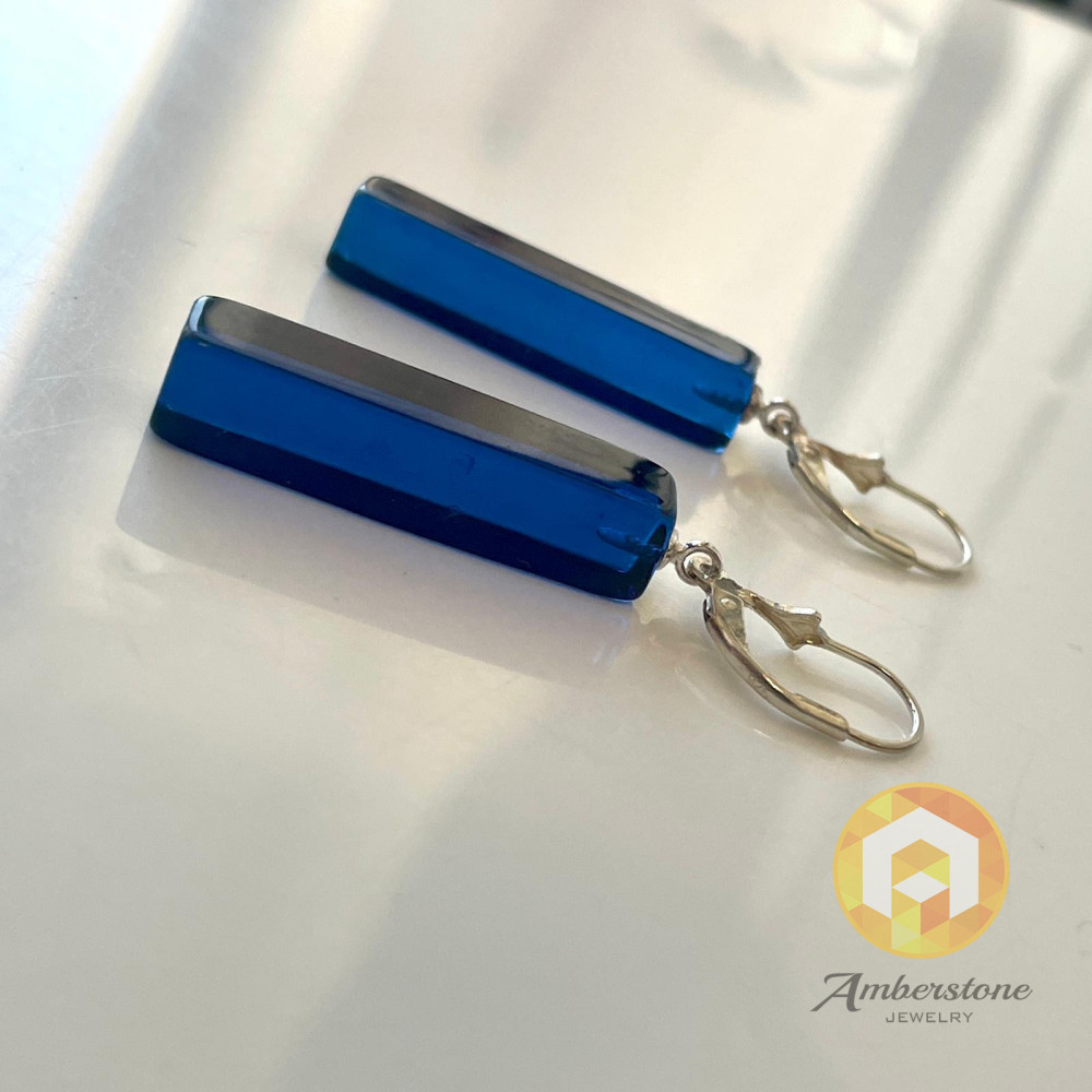 Blue Amber Earrings, Rectangular Dangle, Royal Blue Amber with Silver