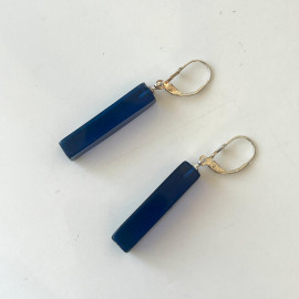 Blue Amber Earrings, Rectangular Dangle, Royal Blue Amber with Silver