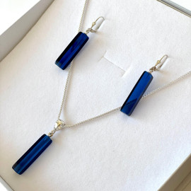 Blue Amber Earrings, Rectangular Dangle, Royal Blue Amber with Silver