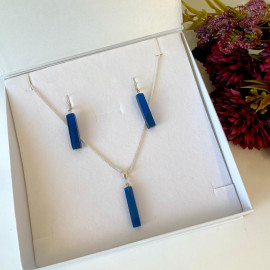 Blue Amber Earrings, Rectangular Dangle, Royal Blue Amber with Silver