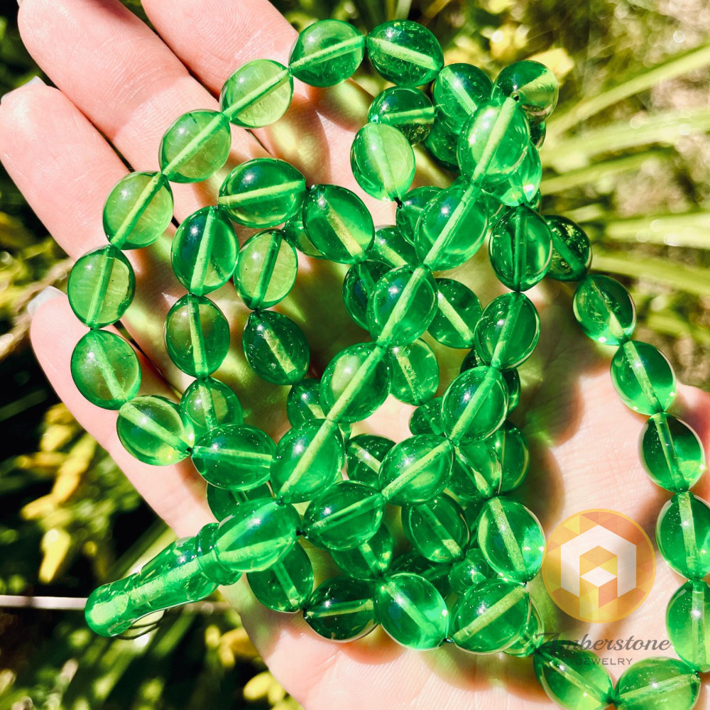 Baltic Amber Green Round Beads Rosary made of one stone 99 beads 21.4 grams