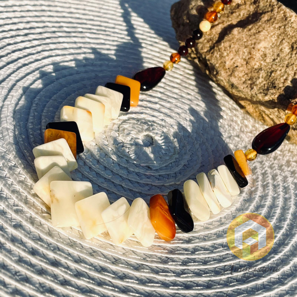 Multicolor Baltic Amber Necklace, with Square-Shaped White Beads