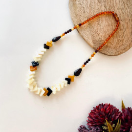 Multicolor Baltic Amber Necklace, with Square-Shaped White Beads