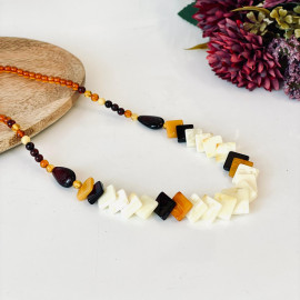 Multicolor Baltic Amber Necklace, with Square-Shaped White Beads