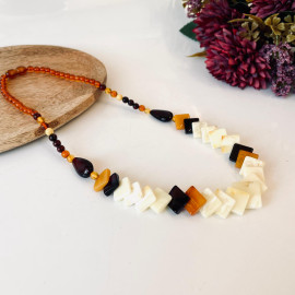 Multicolor Baltic Amber Necklace, with Square-Shaped White Beads