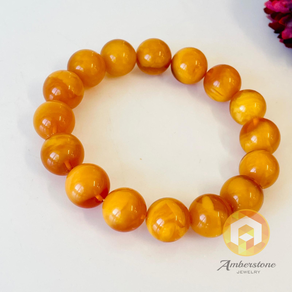 Orange Round Amber Bracelet, Premium Quality Natural Baltic Amber