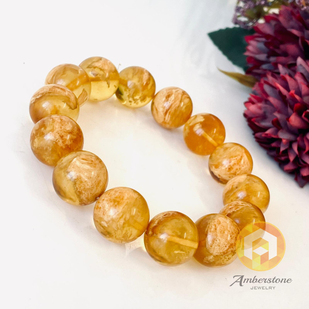 Orange Round Amber Bracelet, Amber Beaded Bracelet