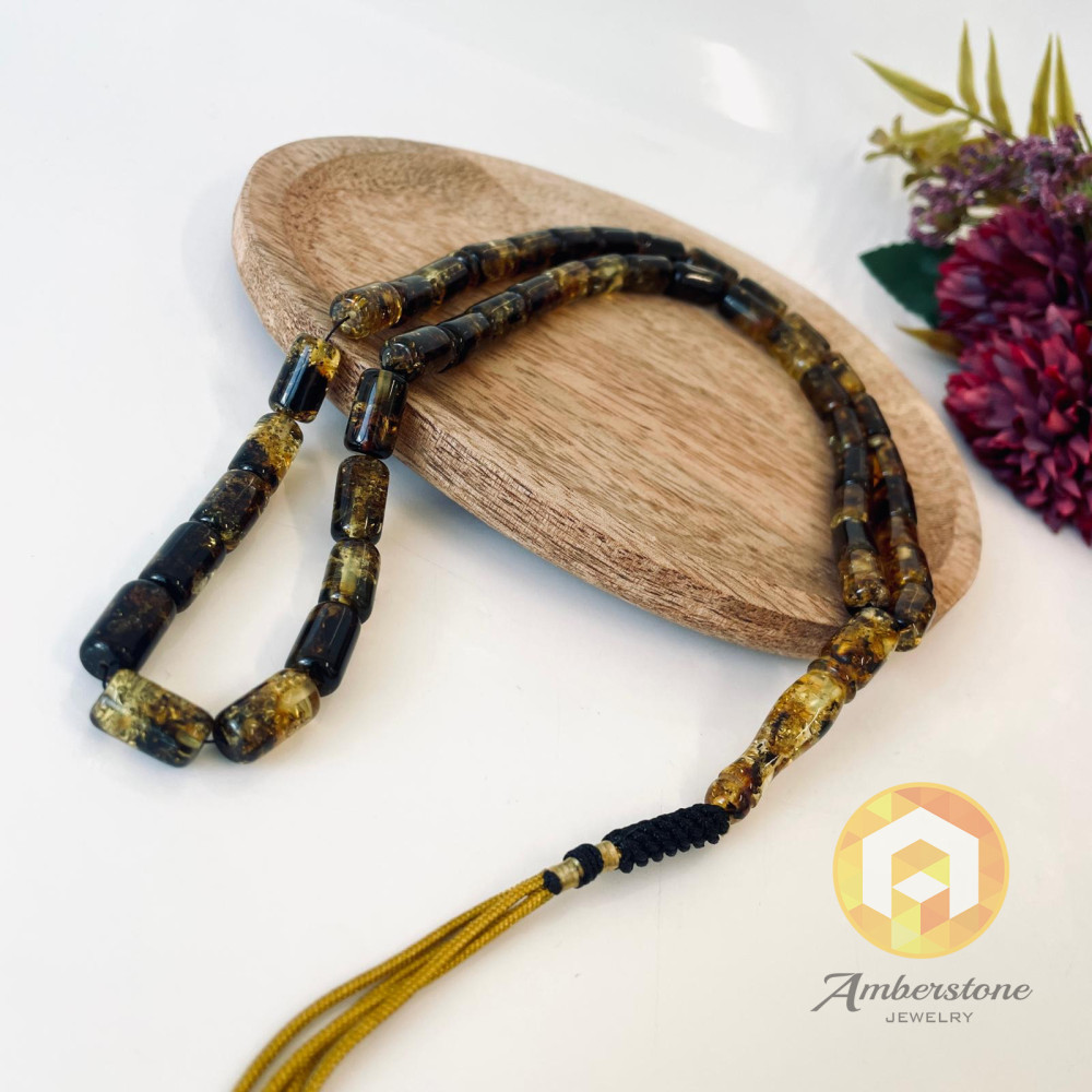 Green Natural Amber Islamic Prayer, 45 Amber Beads