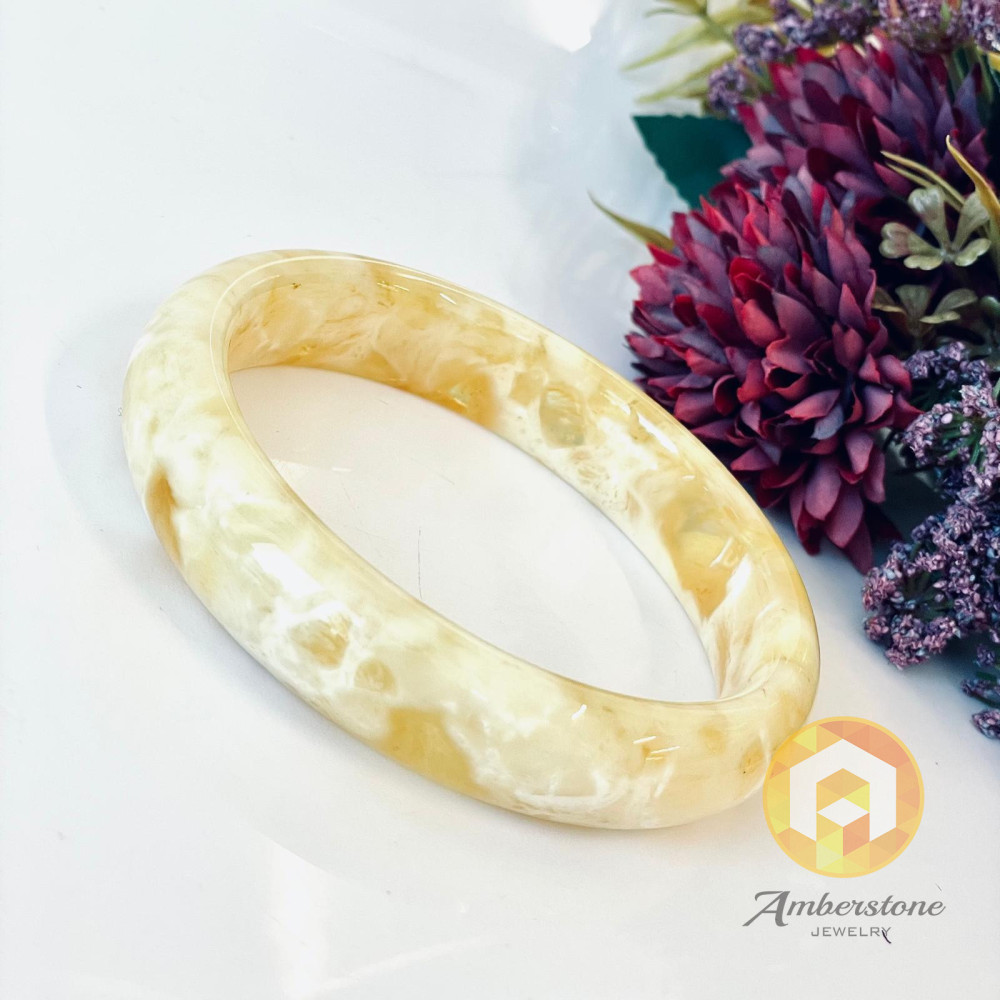 Handmade White and Yellow Bangle Bracelet made from Natural Baltic Amber
