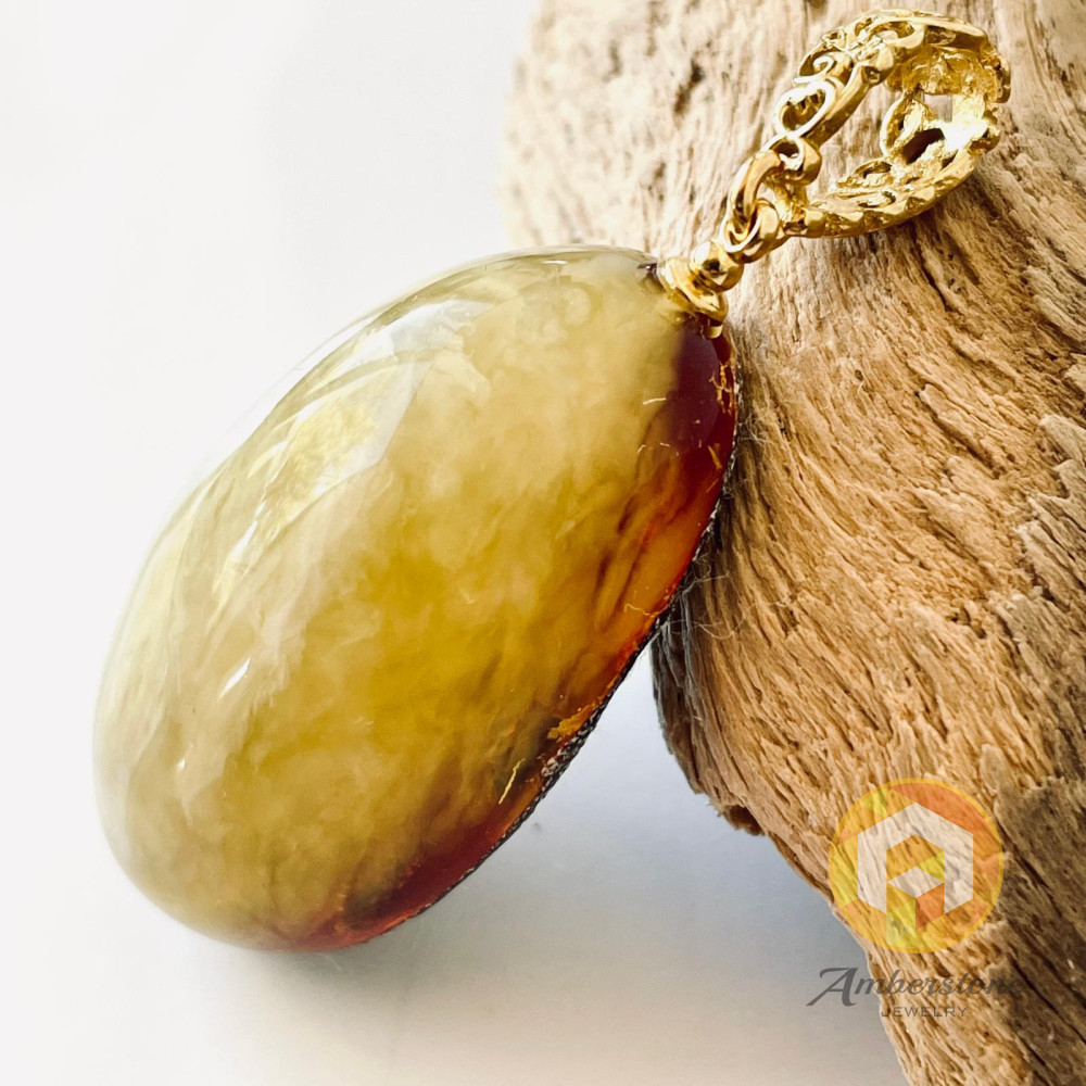 Red Amber Pendant with Fog and 925 Silver Gold-Plated