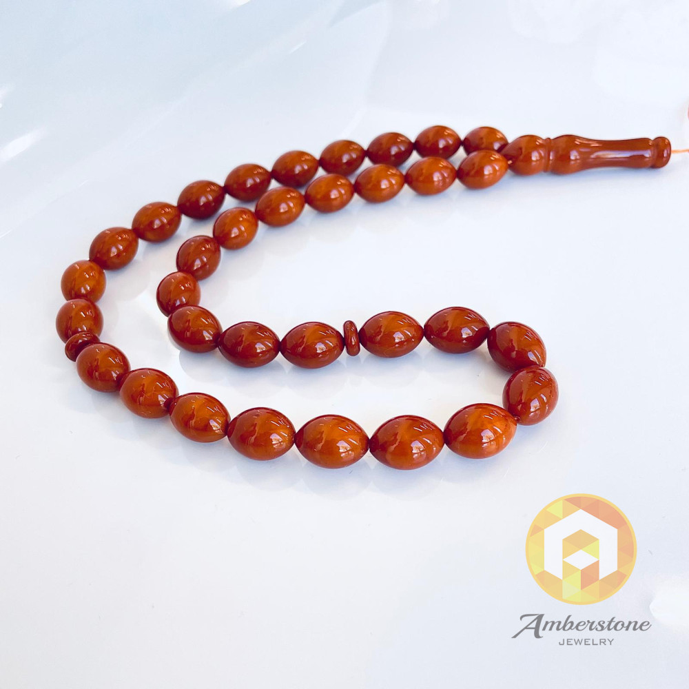 Old German Amber Islamic Rosary with Olive-Shaped Beads