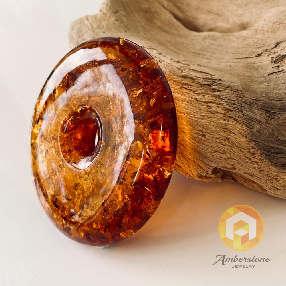 Premium Quality Genuine Baltic Amber Donut Pendant in Yellow Tiger