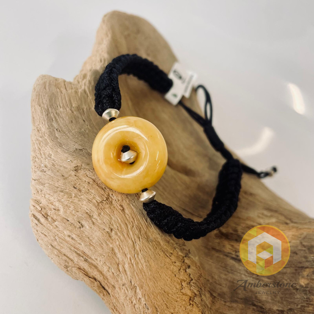 Macrame Bracelet with Yellow Amber Donut, Small Donut Bracelet, Handmade in Poland