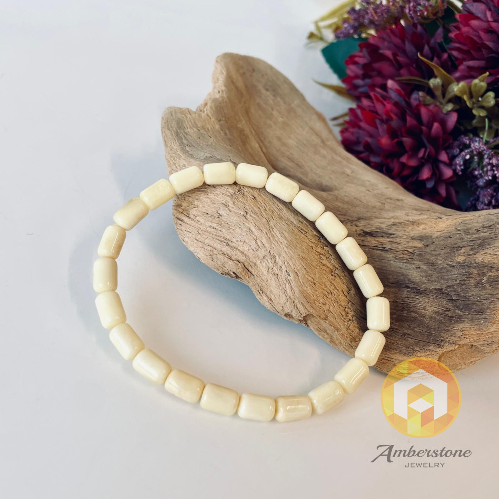 White Subtle Barrel Amber Beaded Bracelet, Natural Baltic Amber
