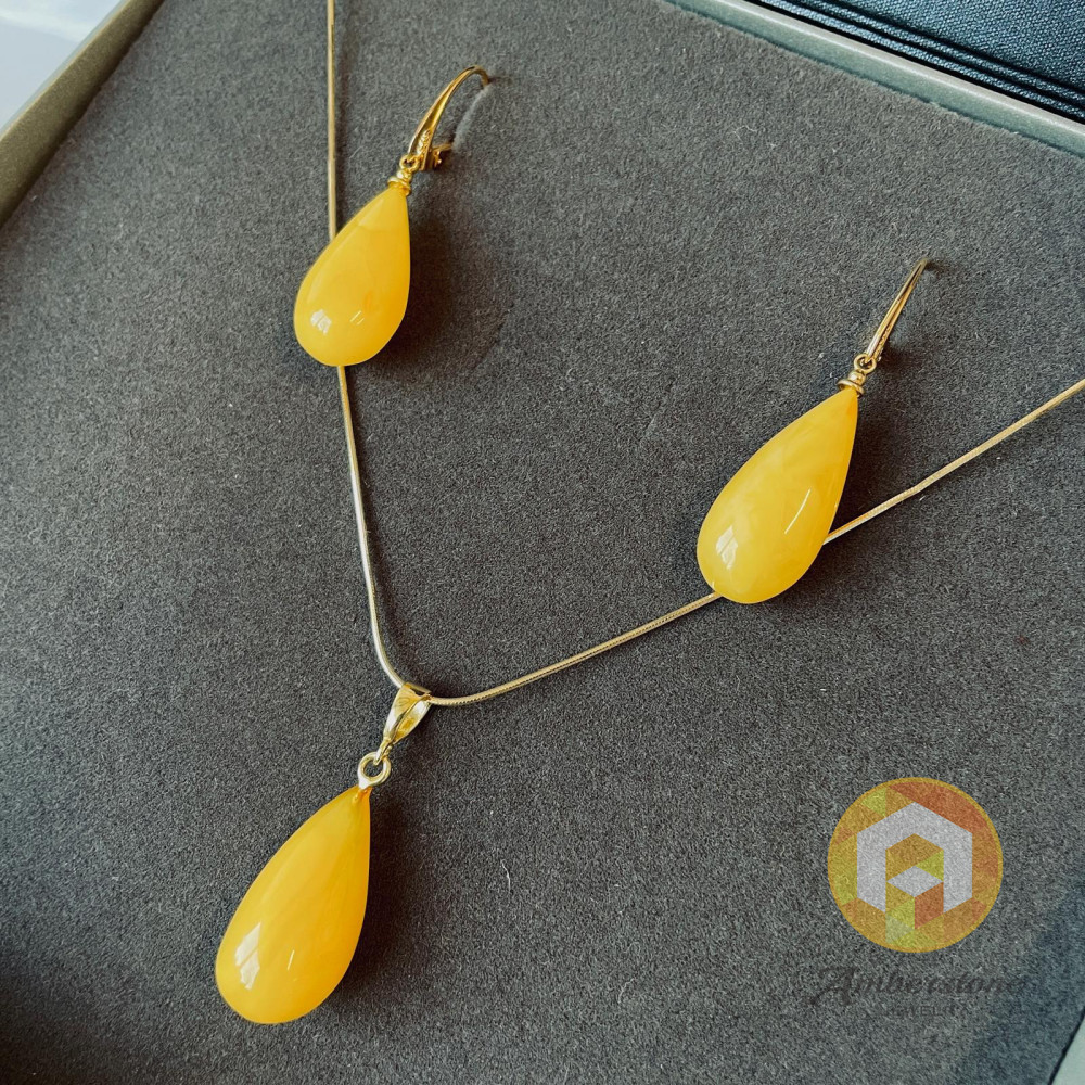 Yellow Amber Earrings and Pendant Set, 925 Silver Gold-Plated