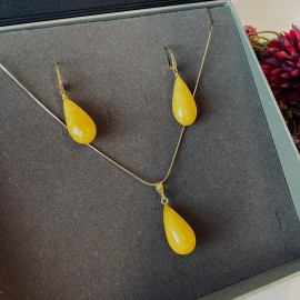 Yellow Amber Earrings and Pendant Set, 925 Silver Gold-Plated