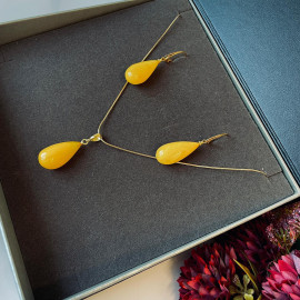 Yellow Amber Earrings and Pendant Set, 925 Silver Gold-Plated