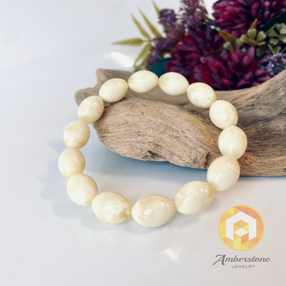 Bracelet made of White Baltic Amber, Oval Beaded Amber Bracelet