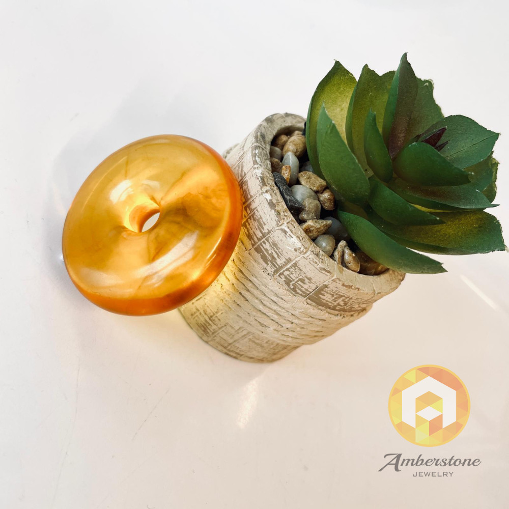 Premium Quality Genuine Baltic Amber Donut Pendant in Yellow Tiger