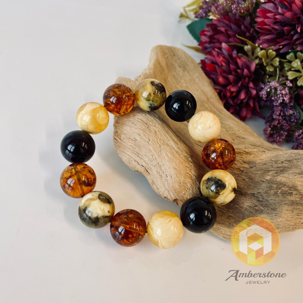 Multicolor Amber Bracelet, Colorful Amber Beaded Jewelry, 17 mm Amber Beads
